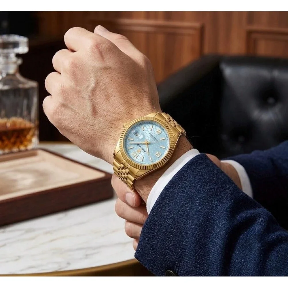 Mens Gold Stainless Steel Watch: Ice Blue Honeycomb Dial, Fluted Bezel, Quartz